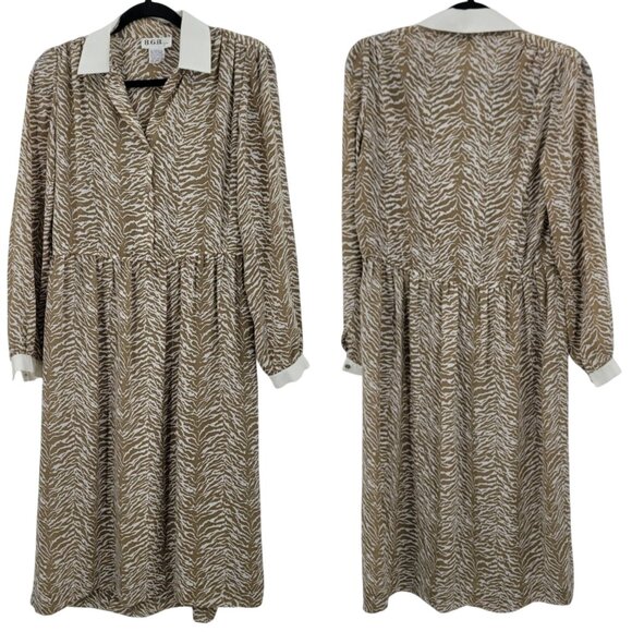 Vtg 70s Tan Zebra Long Sleeve Collared Midi Dress Sz S Sheer Modest Church - Picture 1 of 10